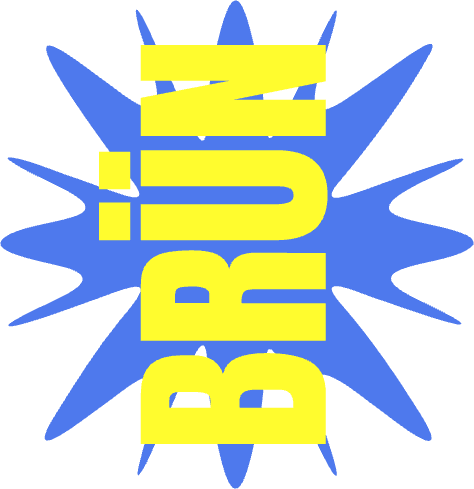 BRÜN logo — yellow wordmark on a blue starburst