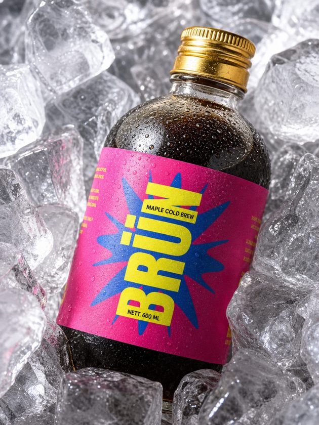 BRÜN Maple bottle resting on ice cubes