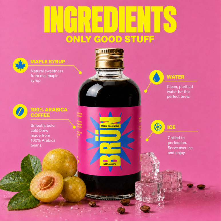Ingredients — only good stuff: maple syrup, water, 100% Arabica coffee, ice